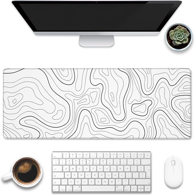 Eflxamz Desk Mat,White Topographic Contour Map Desk Pad,Topographic Contour Large Gaming Mouse Pad for Desk,Extended Big Computer Keyboard Mouse Pad with Non-Slip Base and Stitched Edge,31.5"x11.8"