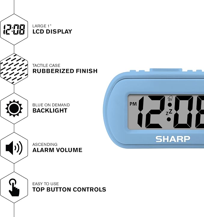 Sharp Battery Alarm Clock with Soft-Touch Case and Backlight, Light Blue | - Image 3