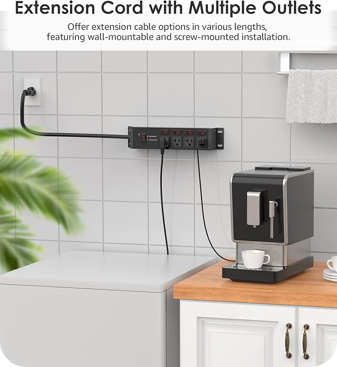 CCCEI Heavy Duty Surge Protector Power Strip 20 Amp Individual Switches. 6FT 12 Gauge Extension Cord with Multiple Outlets. Kitchen, Garage, Shop, Industrial Wall Mount Electric Extender, Black.