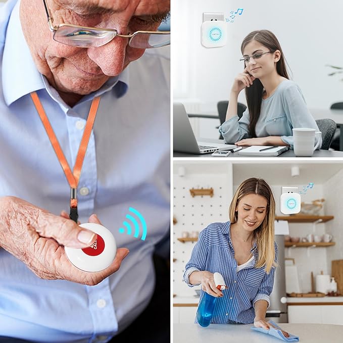 CallToU Caregiver Pager Wireless Call Button Vibration Pager Nurse Calling Alert System for Home Elderly Disabled Patient 1 Transmitters 1 Plug-in Receiver