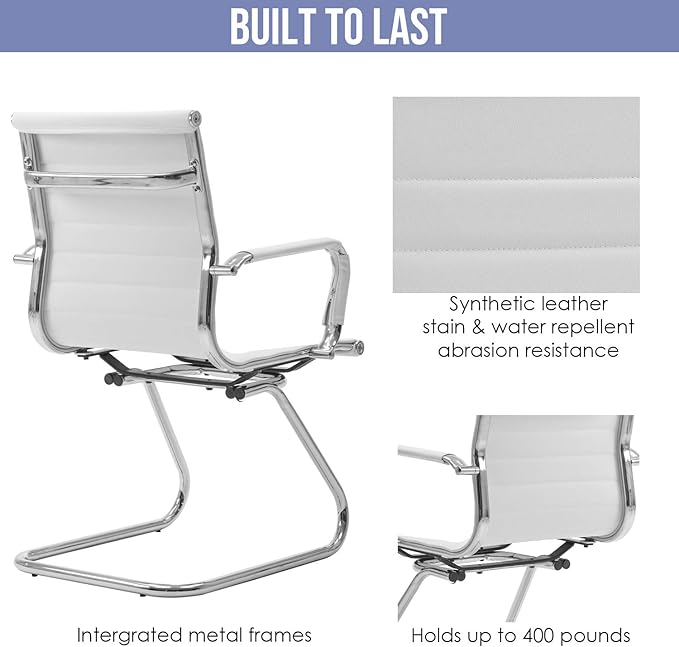 Wahson Office Guest Chairs Set of 4, Leather Reception Chairs, Mid Back Waiting Room Chair, Conference Chairs with Sled Base, Desk Chair No Wheels for Meeting/Lobby/Restroom, White