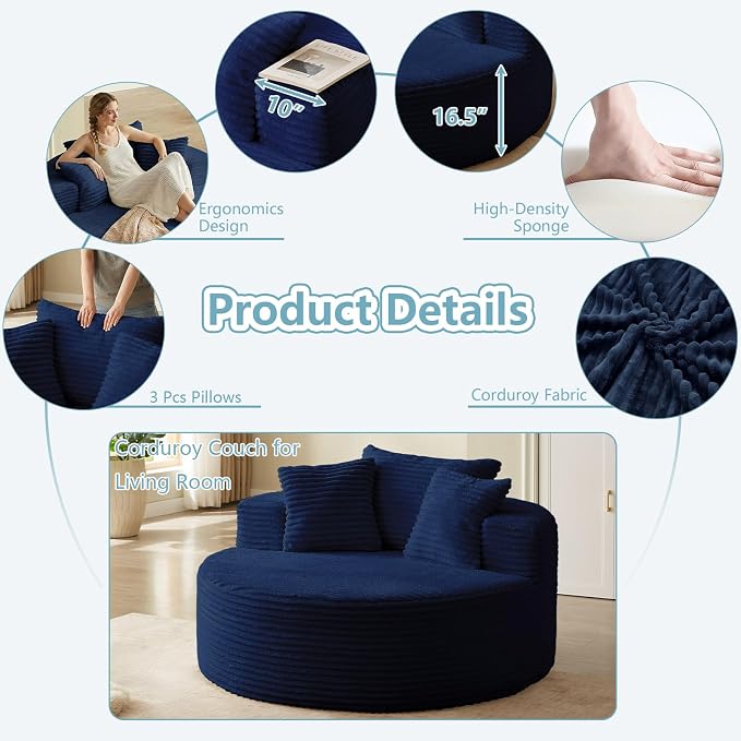 55'' Oversized Round Lounge Chaise Chair, Corduroy Upholstered Indoor Chaise - Image 7