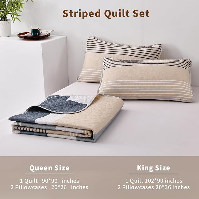Dinjoy King Boho Striped Quilt Set, Khaki Lightweight Bedspread Bedding | Soft - Image 3
