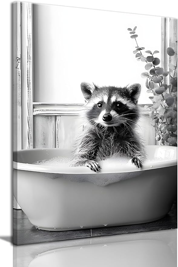 OIQArtOIQ Funny Bathroom Framed Wall Art Black and White Animal Canvas Wall Art by OIQArtOIQ