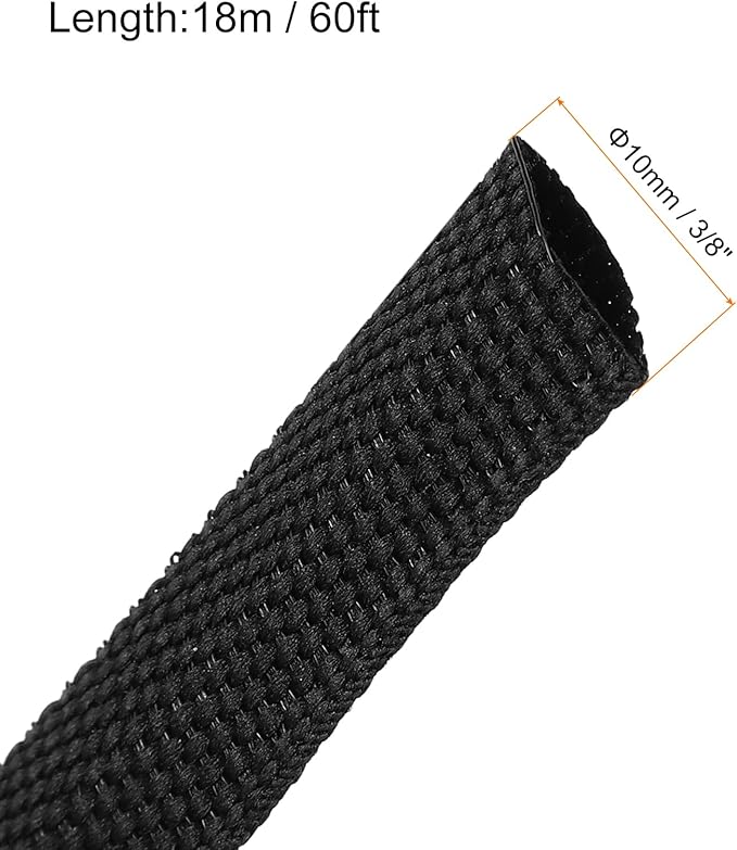 MECCANIXITY Braided Cable Sleeves Heat Shrinkable Fabric Sleeving, 3/8" 60ft Black 2:1 Ratio Heat Shrinkable Cord Protector for Harness Cable, Network Cable Protection, Cable Management