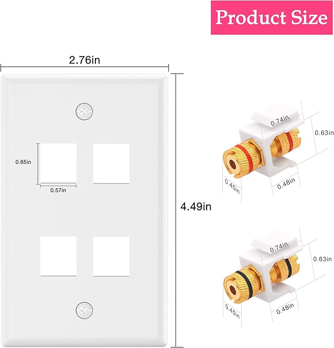 VCE UL-Listed Speaker Wall Plate Gold-Plated, 4-Port Keystone Wall Plate with Banana Jack Binding Post Keystone Jack Insert, 2 Pack