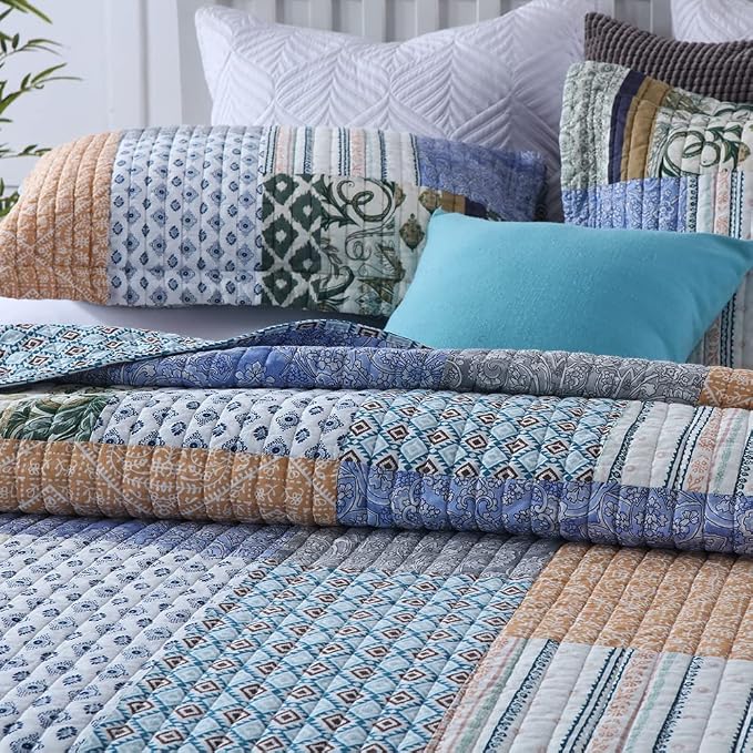 Autumn Dream Cotton Bedspread Bohemian Blue Quilt Bedding Sets, Queen Size | - Image 2