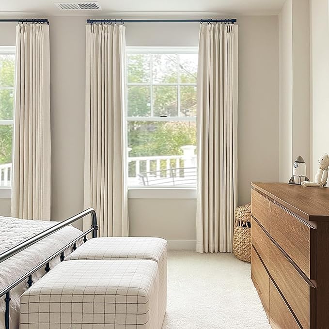 Pinch Pleated Full Blackout Faux Linen Curtains 84 Inches Long | Cream Beige - Image 5