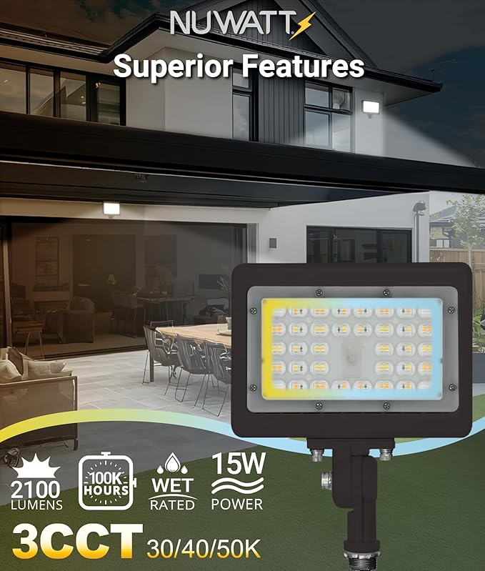 NUWATT 15W LED Flood Light, 3CCT 3000K/4000K/5000K Selectable, IP65 Waterproof Lighting, 1/2" Adjustable Knuckle Mount, 2100 Lumens, 120-277V, Outdoor Security Floodlight for Yard, Bronze, UL