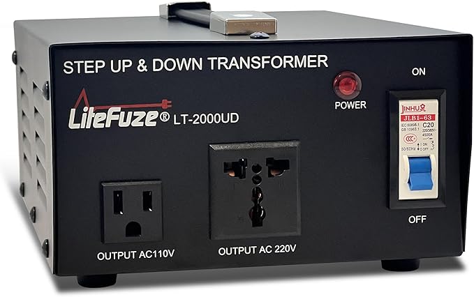 LiteFuze 2000 Watt Voltage Converter Transformer Step Up/Down - 110v to 220v / 220v to 110v Power Converter - Fully USA Grounded Cord - Universal Outlet Socket, 2x US Outlets - CE Certified
