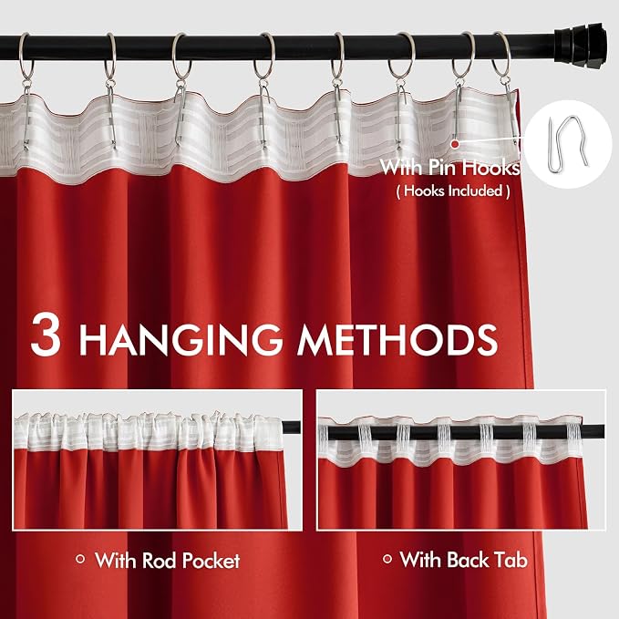 MIULEE Christmas Red Back Tab Blackout Curtains 52x96 Inch Long 2 Panels | Rod - Image 3