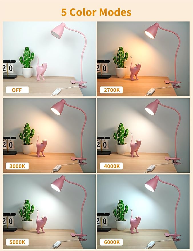 BOHON Cute Desk Lamp with Clamp Clip on Light, 5 Color 10 Brightness - Image 2