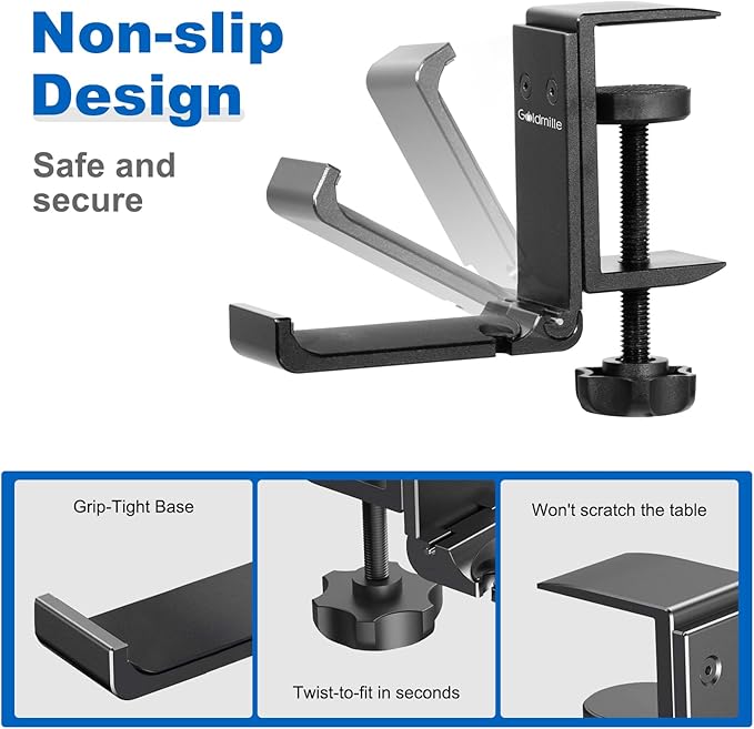 Goldmille 2 Pack Aluminum Headphone Stand Hanger Foldable with Cable Clip - Headset Holder Clamp Hook Under Desk, Save Your Space While Working & Gaming