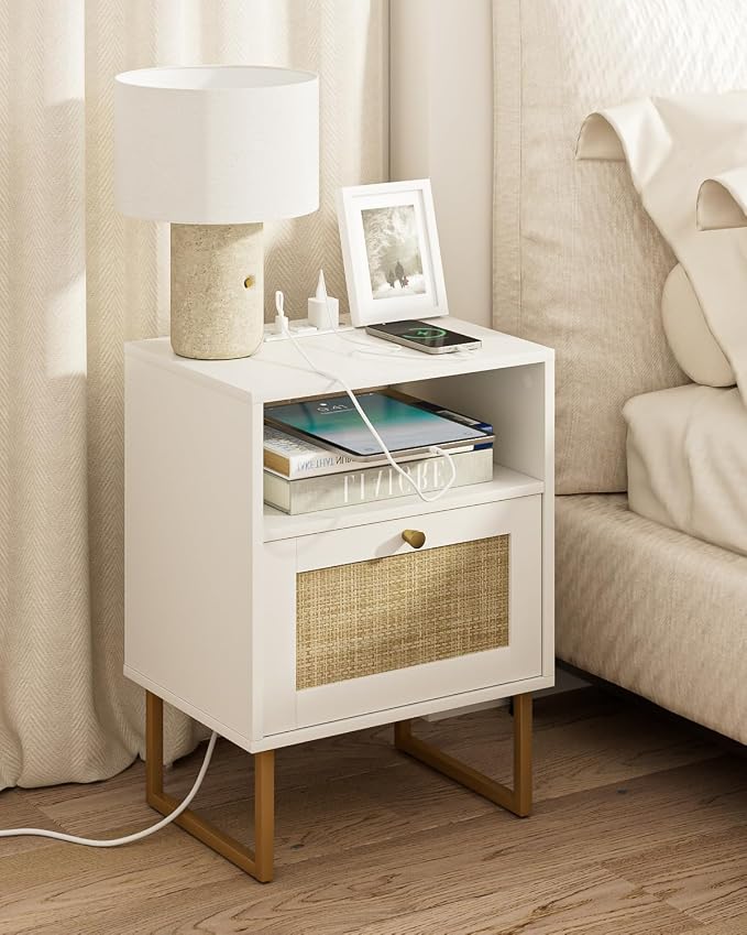 Masupu Rattan Nightstand with Charging Station, Modern Boho Farmhouse Wood by Masupu
