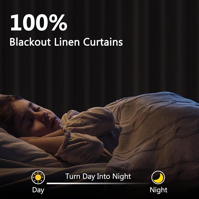 100% Blackout Linen Curtains for Bedroom 96 inches Long 8 FT, Thermal Insulated - Image 2