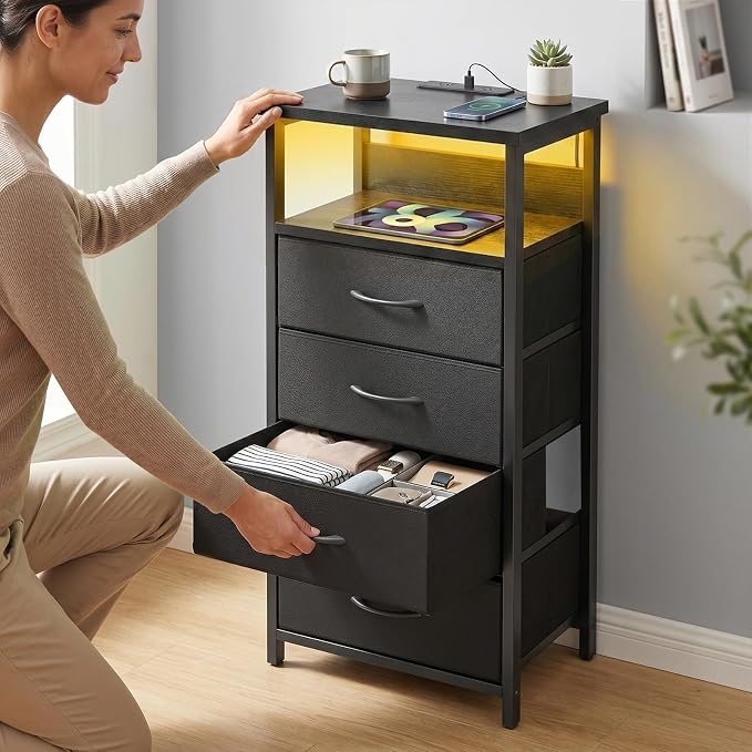 Fixwal Night Stand with Charging Station, 4 Drawers | fabric drawer, built-in - Image 6