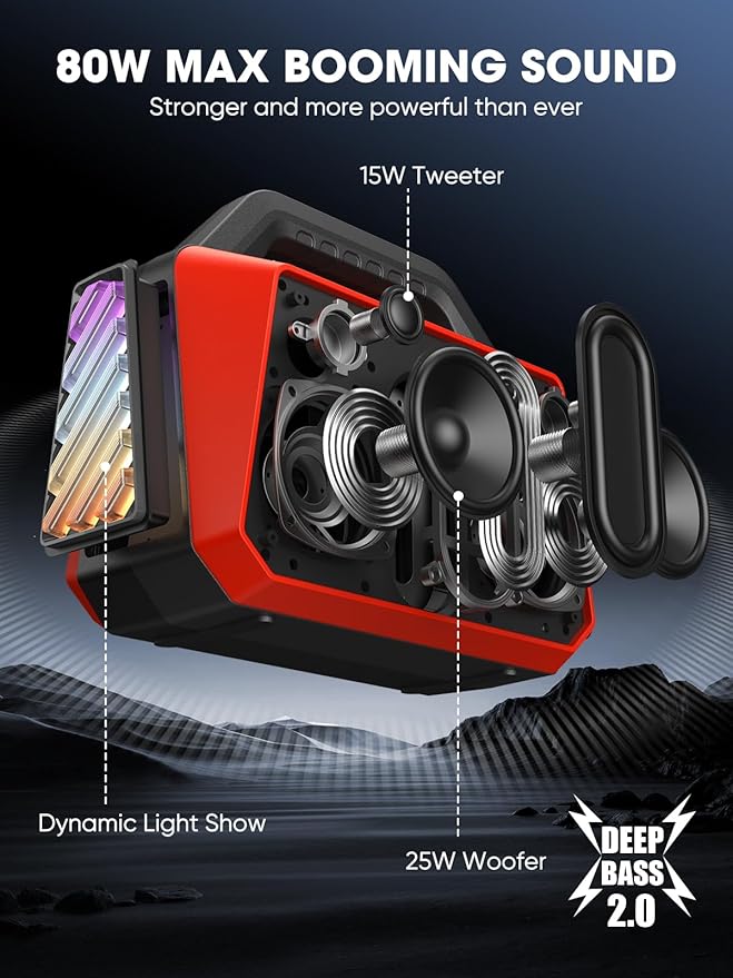 TPWIN Portable Bluetooth Speakers - Wireless Speaker 80W Peak, Loud Speaker with Light, Strong Bass, BT 5.3, TWS, IPX6 Waterproof, 20H Playtime for Home Party Outdoor Beach Camping - Red