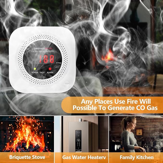 Carbon Monoxide Detectors, 2 Pack Protectmeter Portable Carbon Monoxide detectors Plug in Wall for Travel, CO Alarm/Monitor for Home/Hotel Room/RV with AC Socket with Digital LCD