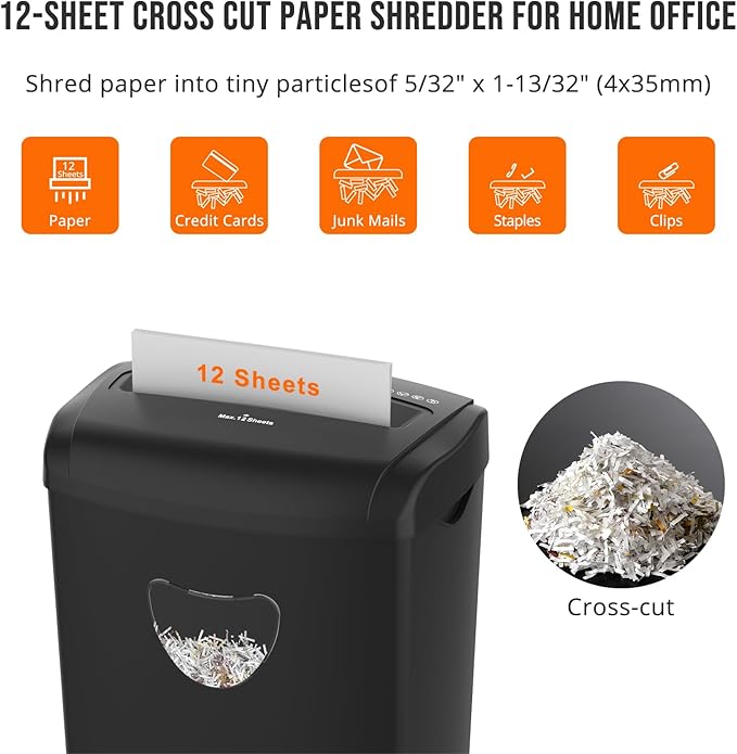 SUNTIKO 12-Sheet Cross-Cut Paper Shredder, P-4 Security Level for Home Office, 5.5 Gallon Bin, Destroys Credit Cards and Staples, ETL Certified, Black