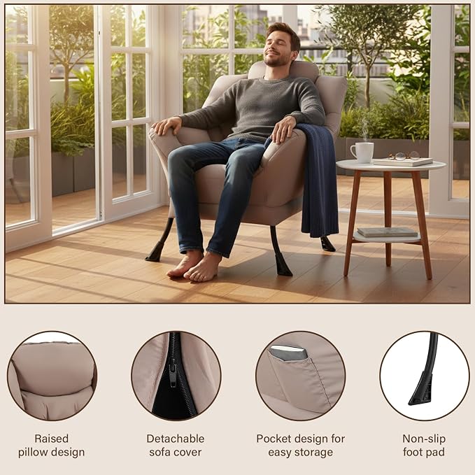 Welnow Khaki Single Lazy Chair for Adults，Modern Reading Accent Chair | A Side - Image 4