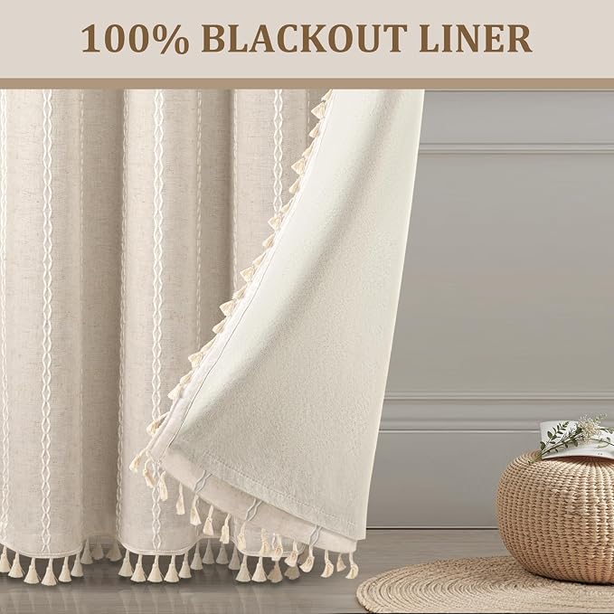 Cream 100% Boho Blackout Curtains 84 Inch 2 Panels - Image 6
