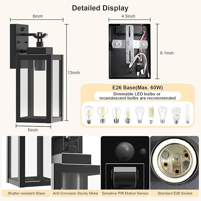 LTBLIGHT 2-Pack Motion Sensor Outdoor Wall Light Fixtures, Modern Black Dusk to Dawn Porch Light Lantern with 3 Modes, Waterproof Exterior Lighting for House, Patio, Garage, Front Door