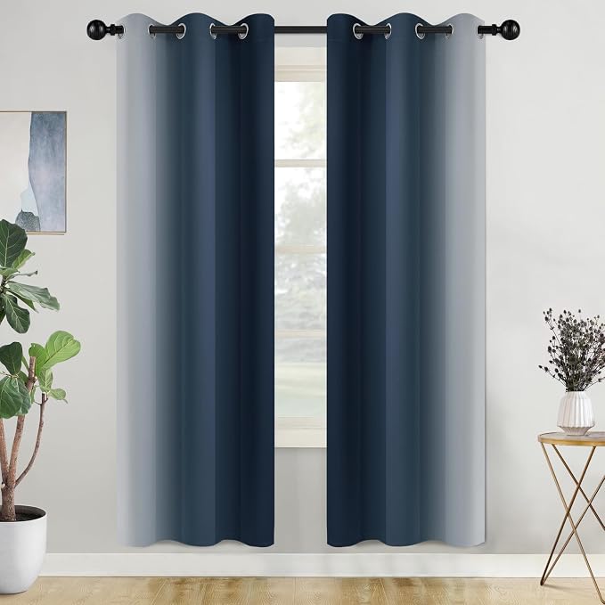 COSVIYA Grommet Room Darkening Ombre Navy Blue Curtains W42xL72 inch | Navy and - Image 2