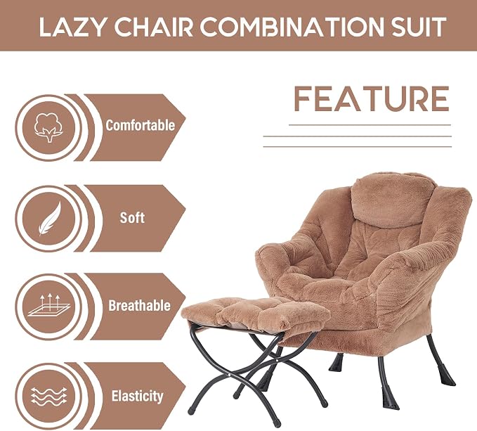 Lazy Chair with Ottoman, Comfy Accent Reading Chair, Plush Brown | Foldable - Image 7