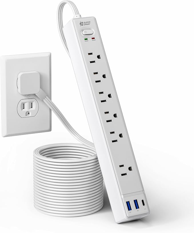 10Ft Extension Cord with Multiple Outlets, SUPERDANNY Flat Plug Surge Protector by SUPERDANNY