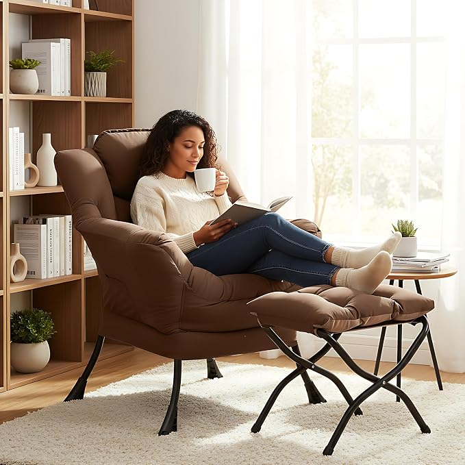 Welnow Lazy Chair with Ottoman, Reading Chair with Footrest, Dark Brown | A - Image 5