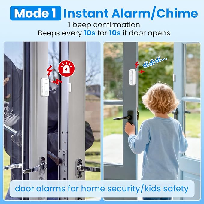 Sanjie Door Alarm with Instant and Delayed Alerts 30s/1min/2min/4min, Door Window Ajar Alarms for Kids Safety/Home Security, Volume 0-120dB, Left Open Alert for Freezer Fridge Home, 2 Sensor