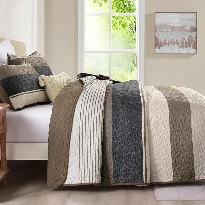Dinjoy King Boho Striped Quilt Set, Balck White Lightweight Bedspread | Soft - Image 4