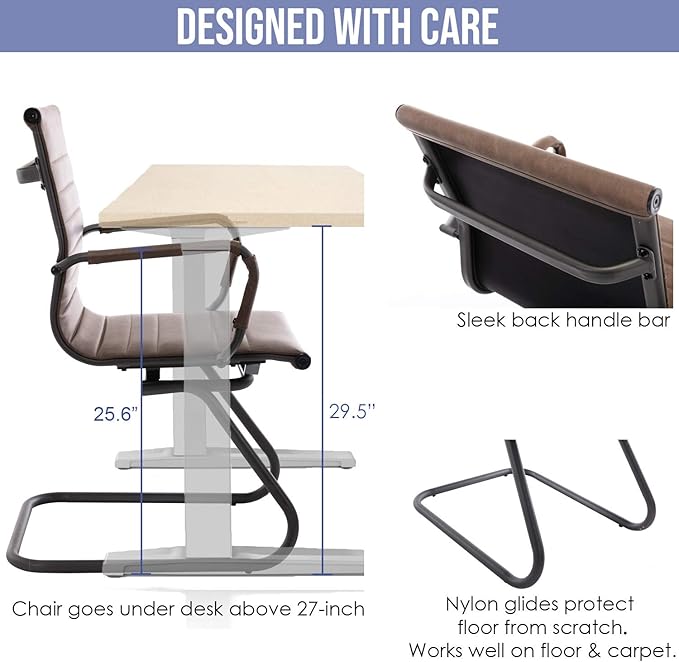 WAHSON OFFICE CHAIRS - No Wheels & Reception Seats, Leather Waiting Room Mid Back Conference Seats with Sled Base for Meeting/Lobby/Restroom, Brown (4 Pack)
