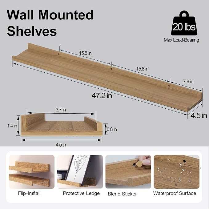 Oak Floating Shelves for Wall Decor, 48 in Shelf - Image 3