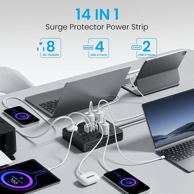 Surge Protector Power Strip, 8 Outlets, 6 USB Charging Ports, 6FT Flat Plug - Image 2