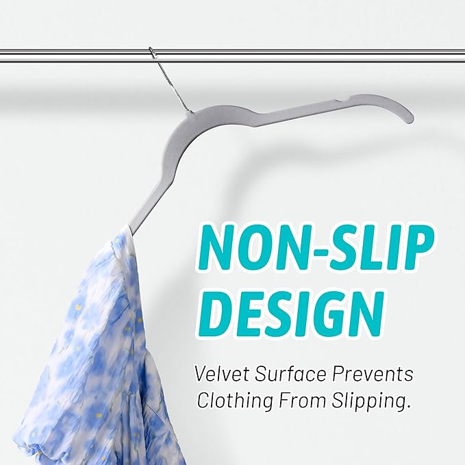 Premium Velvet Shirt Hangers 50 Pack, Space-Saving Non-Slip Felt Hanger with 360° Swivel Hook, Slim Flocked Hangers for Strappy Dresses, Blouses, Tank Tops(Grey)