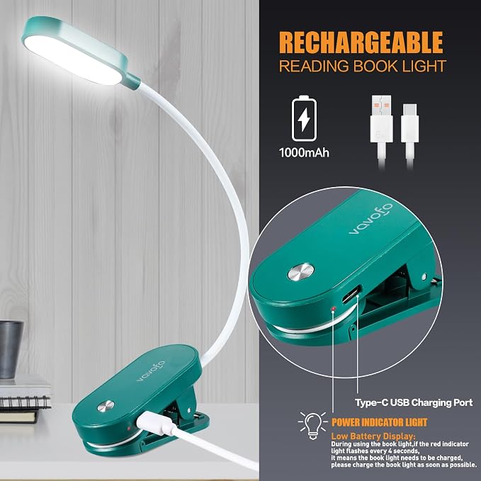 VAVOFO Rechargeable Book Light, 14 LEDs Eye Care Clip On Amber Reading Light - Image 4