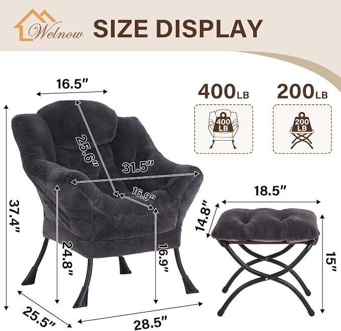 Welnow Lazy Chair with Ottoman, Reading Chair with Footrest, Plush Navy | A - Image 3