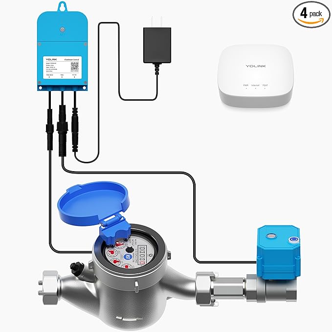 NSF Certified Pulse Meter + Shutoff Valve Kit, 1/2", FlowSmart Controller YS5006 Reads Meter Pulses, Real-Time Usage & Leak Detection, Auto Shutoff (D2D Offline), LoRa Long Range, Hub Included