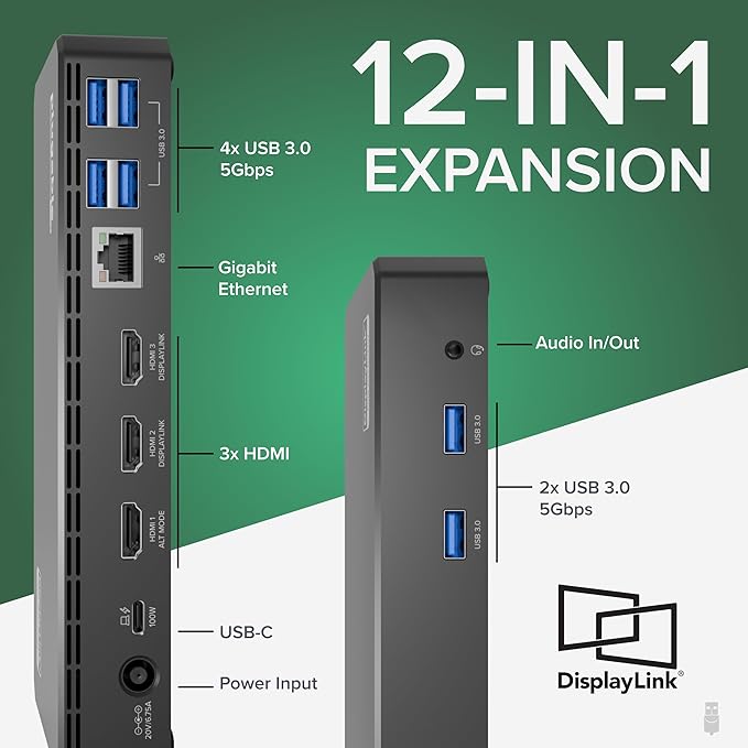 Plugable USB C Triple Display Docking Station | 100W PD, 3x HDMI (1x 4K 30Hz, 2x 1080p 60Hz), 6x USB 5Gbps Ports | Windows, macOS, ChromeOS Compatible - Enhance Productivity with Multi-Monitor Support