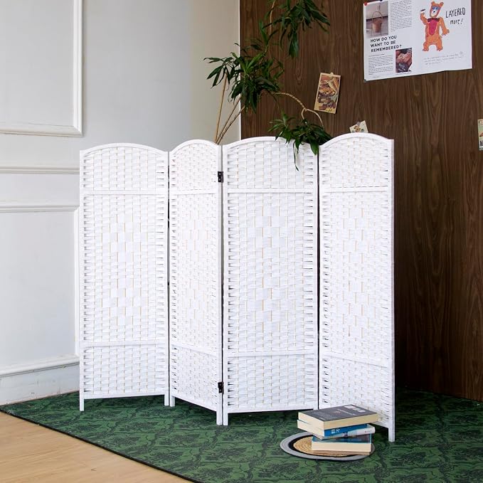 4-Panel Short Room Divider, 3.9 ft Freestanding Partition Wall, Natural White by Loomveil