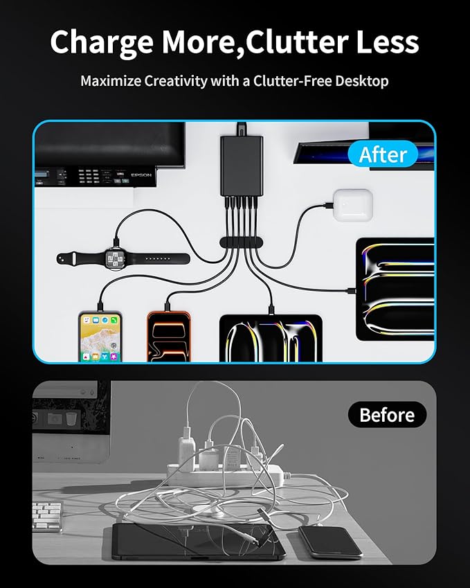 USB C Fast Charger, 105W GaN 6-Port Desktop USB Charging Station Hub, USB C Charger Block Wall Charger for iPhone 17/16/15/14/13/12/11, iPad, Samsung and More (Cable Organizer Included)