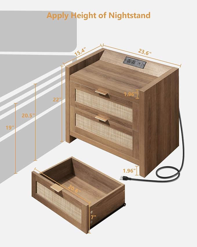 SICOTAS Rattan Nightstand Set of 2, Bedside Table - Image 3
