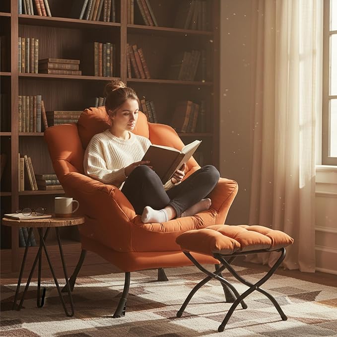 Welnow Lazy Chair with Ottoman, Reading Chair with Footrest，Orange | A Side - Image 6