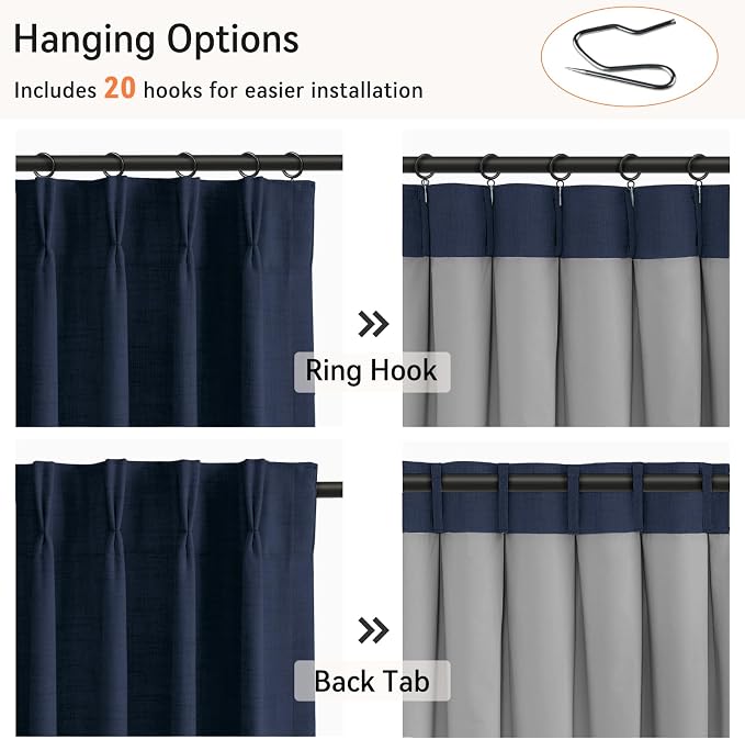 Pinch Pleated Full Blackout Faux Linen Curtains 90 Inches Long | Midnight Blue - Image 3