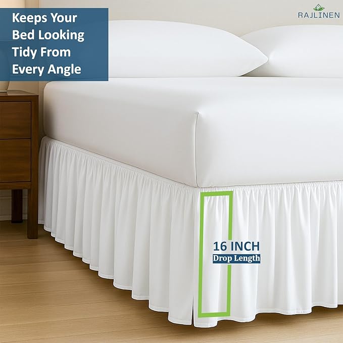 Rajlinen Ruffled Bed Skirt Full XL, 16 Inch Drop Dust Ruffle with Split Corners, 100% Microfiber Bedskirt with Platform, Three-Sided Coverage Ruffled Gathering Design, White
