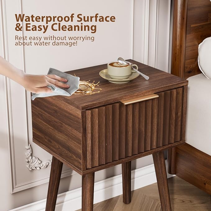 VINGLI Night Stand, Fluted Nightstand Wood, Mid Century Modern Nightstand - Image 8
