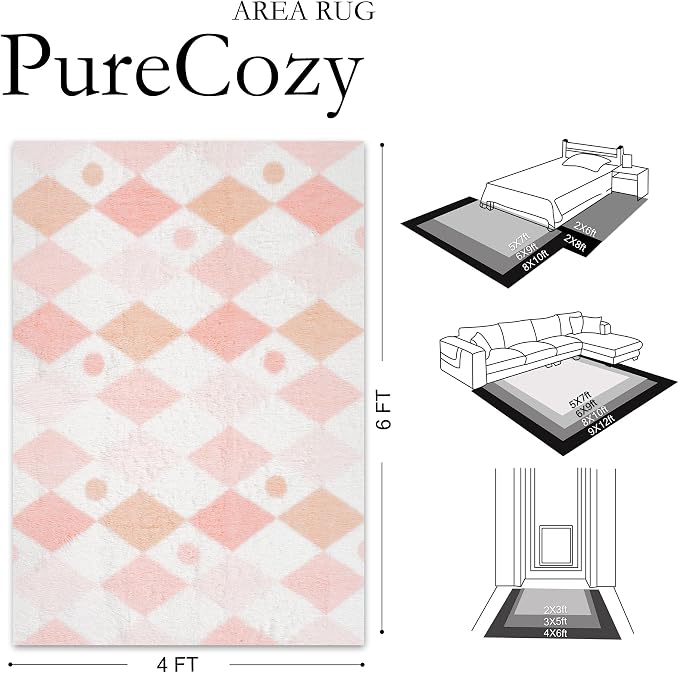 Pink 4x6 Area Rug for Kids Room Soft Fluffy Checkered Shag Carpet | Machine - Image 2