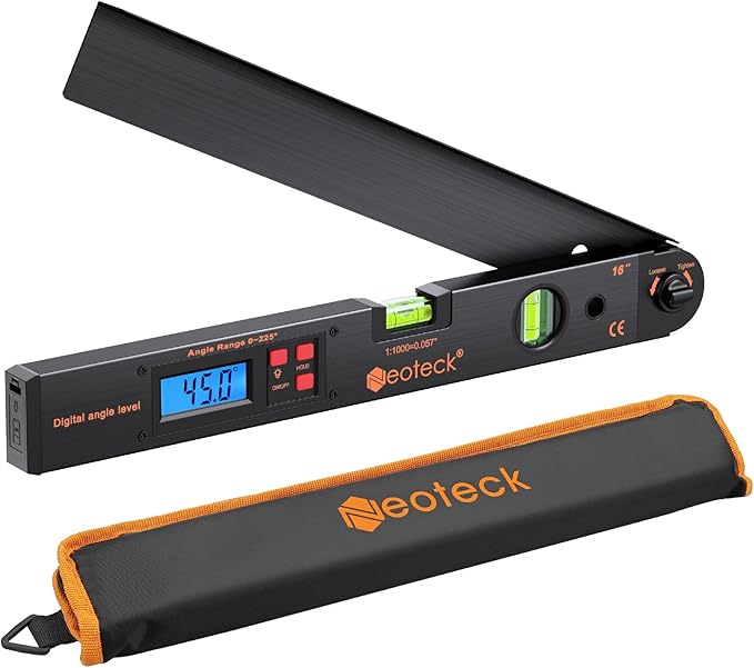 Neoteck Aluminum Digital Angle Finder Protractor 225° 16 inch Backlit LCD Digital with Horizontal and Vertical Bubble - Black