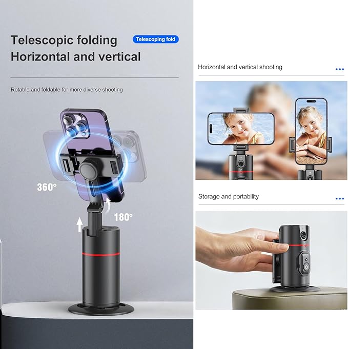 MQOUNY Auto Tracking Phone Holder,360° Rotation Phone Camera Mount Smart Shooting Tracking Holder with Remote Selfie Stick for iPhone Android Stabilizer Shooting Live,No App,Rechargeable